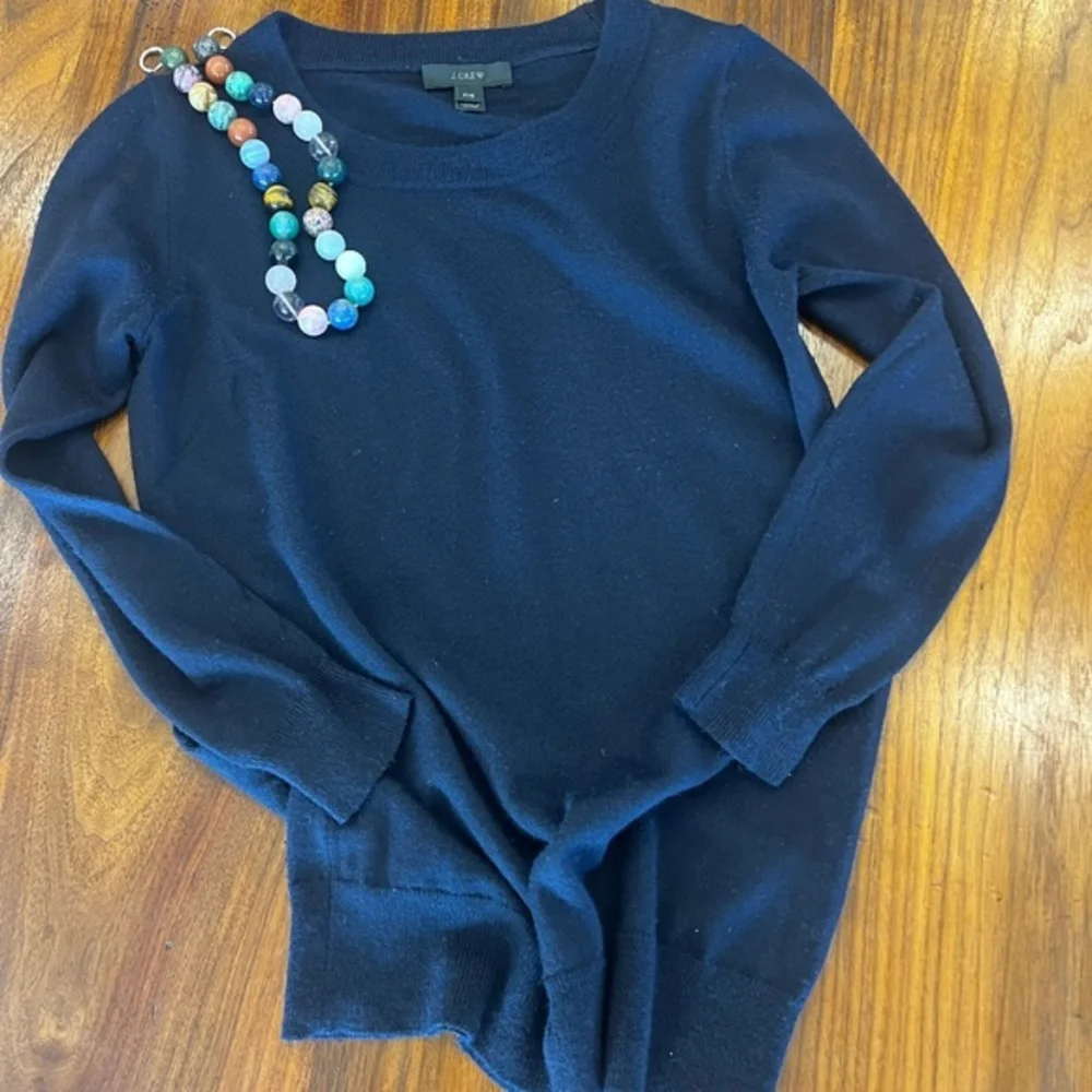 J. Crew Merino Wool Tippi 3/4 Sleeve Crew Neck Sweater Petite, XS, Navy Blue